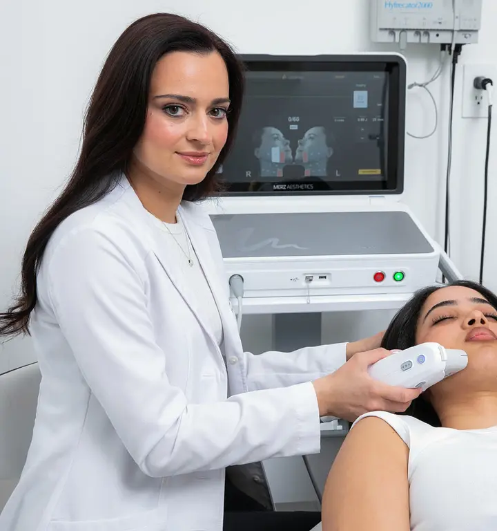 Dr. Juliya Fisher performing a facial treatment with a handheld device