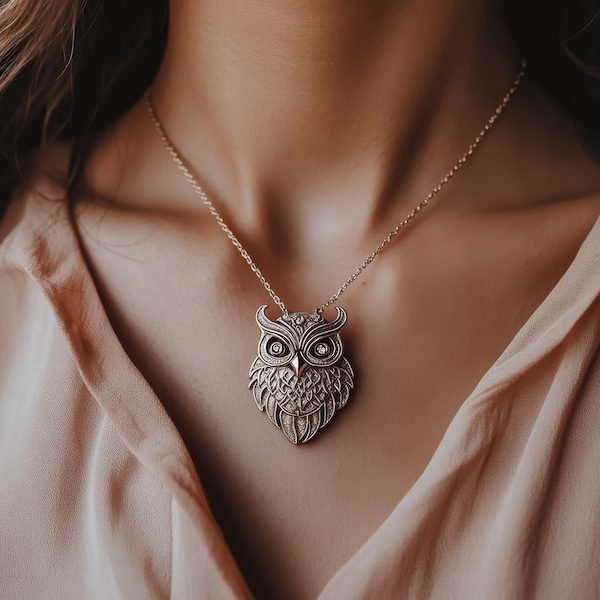 Elegant Owl Pendant Necklace on a Woman, a Stylish and Unique Accessory for the Fashion-Conscious.